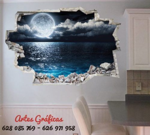vinilo decorativos y adhesivo para pared de luna llena sobre el mar para cabecero o salon